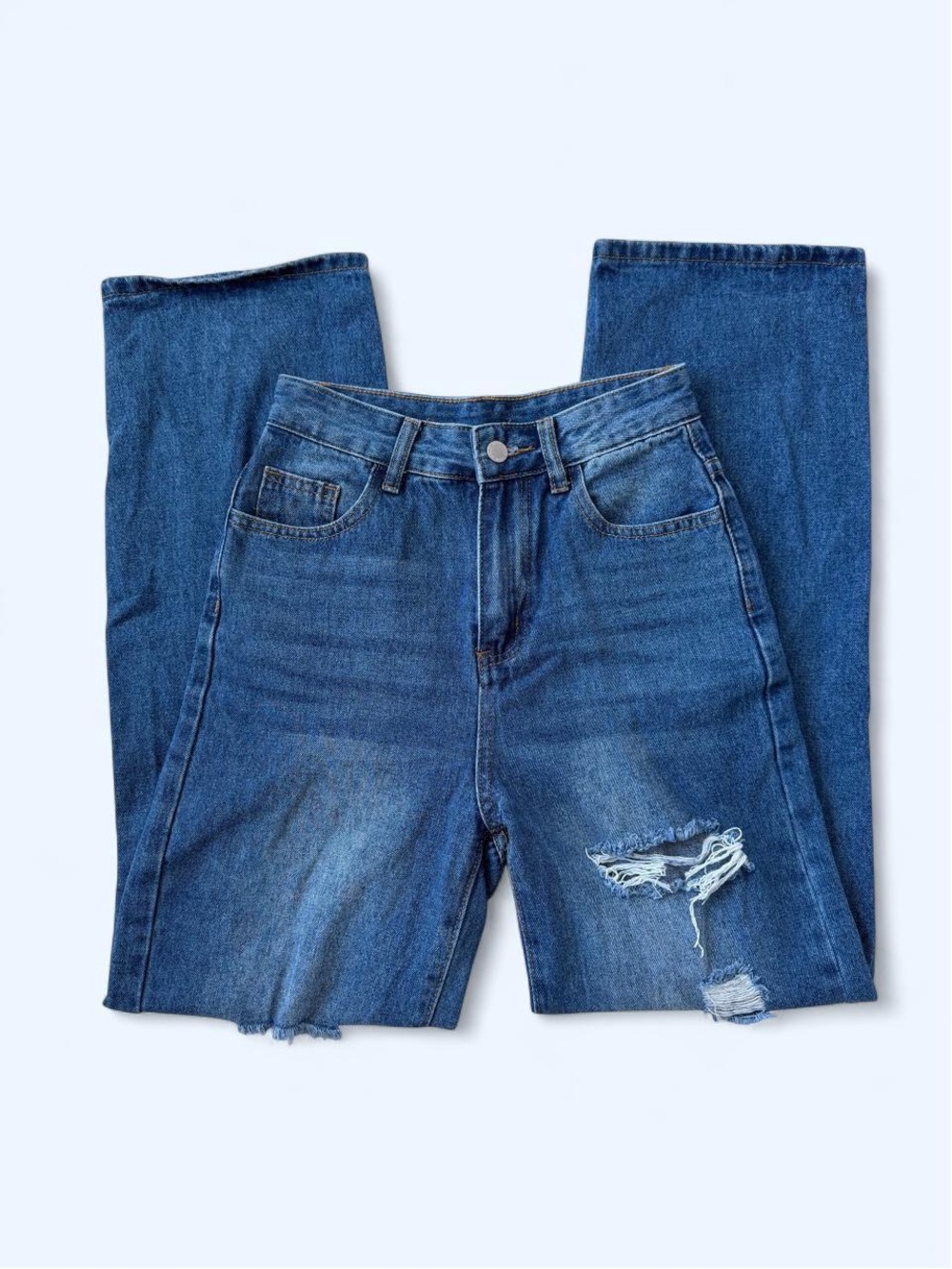 SHEIN Blue Straight-Leg Distressed Women's Jeans